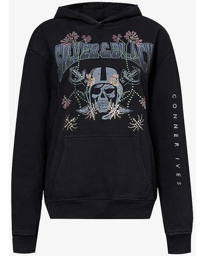 Conner Ives Rhinestone-embellished Graphic-print Cotton Hoody - Black