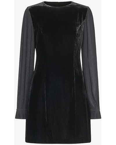 Whistles Pleated-sleeve Round-neck Velvet Mini Dress - Black