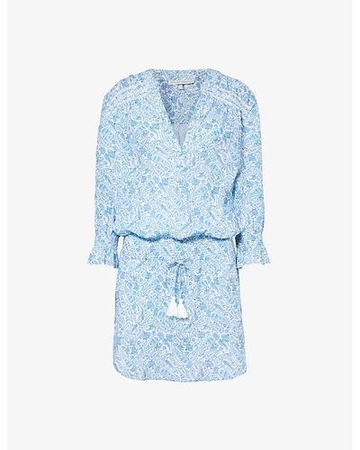 Heidi Klein Paisley-print Shirred-sleeve Cotton Mini Dress - Blue