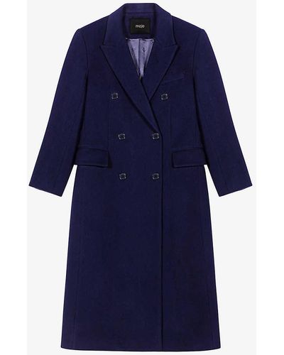 Maje Double-breasted Peak-lapel Virgin-wool Blend Coat - Blue