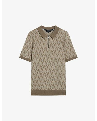 Ted Baker Mitford Boucle-jacquard Zip-neck Knitted Polo - Natural