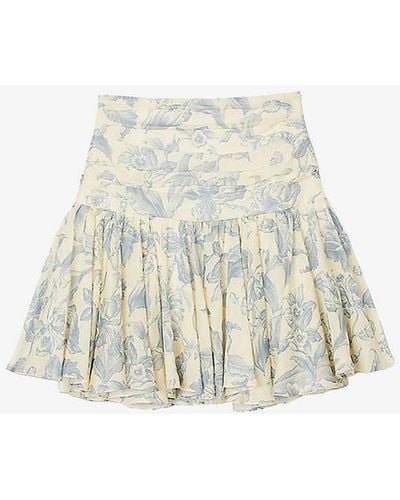 Sandro Soft Flowers-print Linen-blend Mini Skirt - White