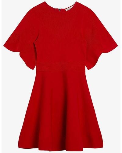 Ted Baker Oliviha Fluted-sleeve Ribbed Stretch-knit Mini Dress - Red