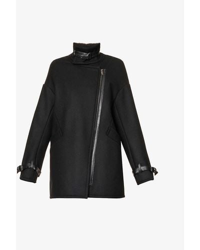 IKKS Asymmetric-zip Faux-leather Detail Woven Coat - Black