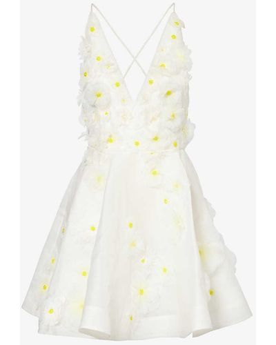 Zimmermann Daisy-embellished V-neck Linen And Silk-blend Mini Dress - White