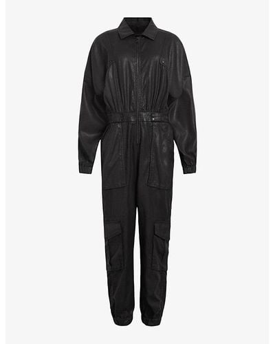 AllSaints Frieda Long-sleeve Relaxed-fit Coated Jumpsuit - Black