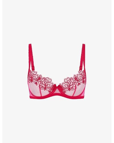 Agent Provocateur Juni Bow-embroidered Plunge Woven Underwired Bra - Pink