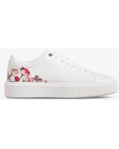 Ted Baker Lorny Floral-print Platform-sole Leather Low-top Trainers - White