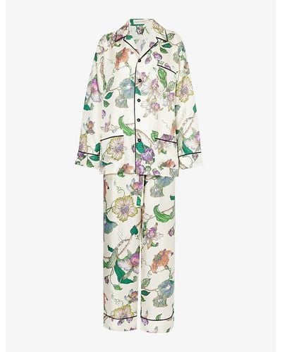 Olivia Von Halle Yves Floral-pattern Silk Pajama Set - Green