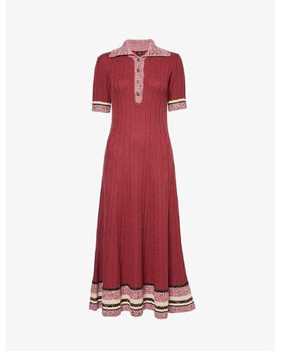 Etro Striped-trim Short-sleeved Wool And Cotton-blend Knitted Midi Dress - Red