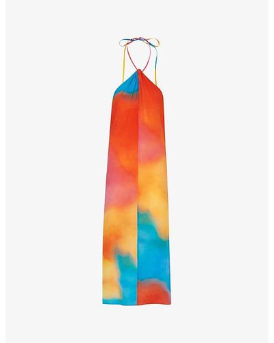 Whistles Rainbow Tie-dye Silk Midi Dress - Orange