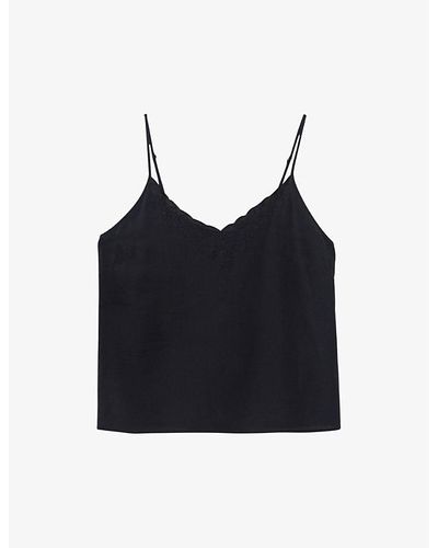 IKKS Scalloped Plant And Skull-embroidered Silk Cami Top - Black