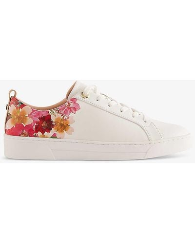 Ted Baker Alissn Floral-print Leather-blend Low-top Trainers - White
