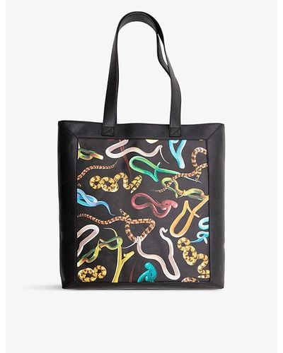 Seletti Wears Toiletpaper Snakes Canvas And Faux-leather Tote Bag - Black