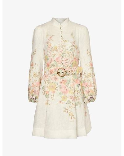 Zimmermann Floral-print Puffed-sleeve Linen Mini Dres - Natural