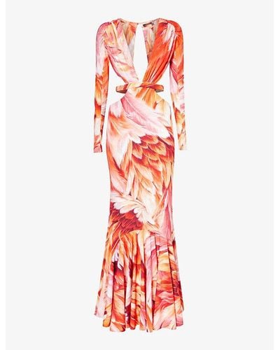 Roberto Cavalli Floral-print Long-sleeve Stretch-woven Maxi Dress - Red