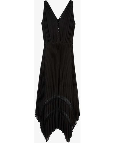 The Kooples Lace-embroidered V-neck Pleated Woven Midi Dress X - Black