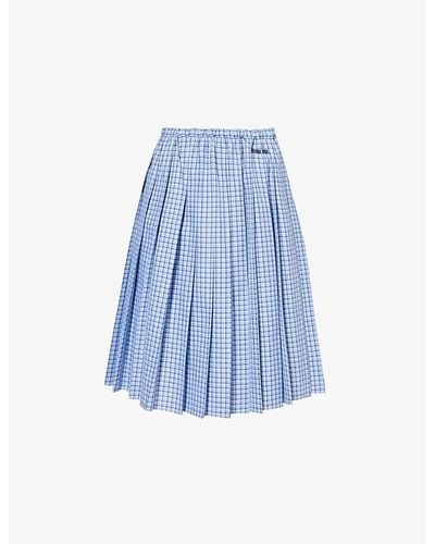 Miu Miu Pleated Check-print Cotton-poplin Midi Skirt - Blue