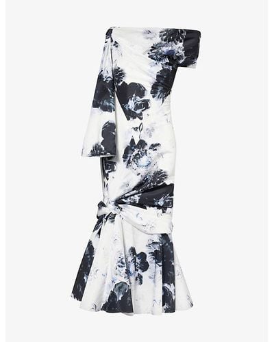Alexander McQueen Asymmetric-neckline Floral-print Woven Midi Dress - Blue