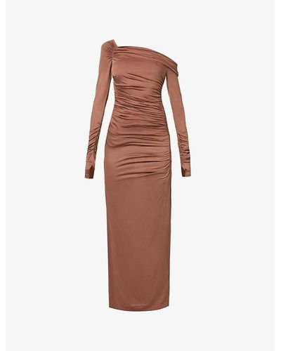 Helmut Lang Asymmetric Ruched Slim-fit Stretch-woven Maxi Dres - Brown