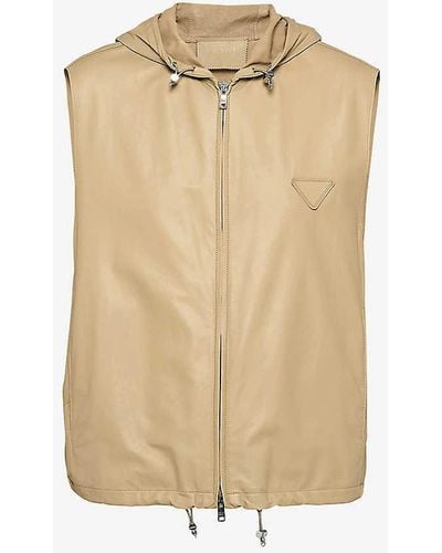 Prada Sleeveless Boxy-fit Leather Hooded Vest - Natural