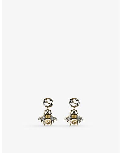 Gucci Bee-motif Aged -toned Crystal And Faux-pearl Earrings - White