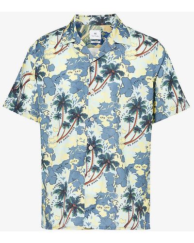 PS by Paul Smith Floral-print Camp-collar Cotton-blend Shirt - Blue