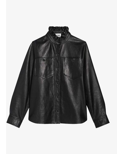 Claudie Pierlot Ruffle Collar Leather Shirt - Black