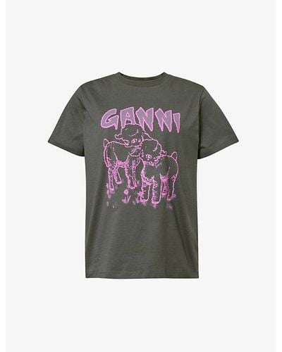 Ganni Lambs Graphic-print Organic-cotton T-shirt X - Green