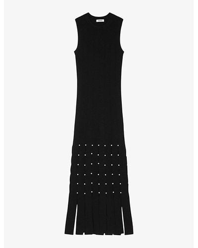 Sandro Fringe Studded Stretch-knit Maxi Dress - Black