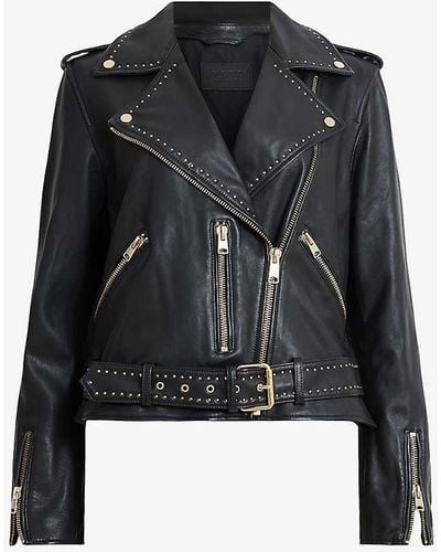 AllSaints Balfern Stud-embellished Belted-hem Leather Jacket - Black
