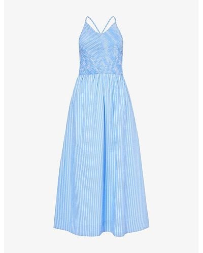 Faithfull The Brand Camera Shirred-bodice Striped Cotton-poplin Midi Dress - Blue