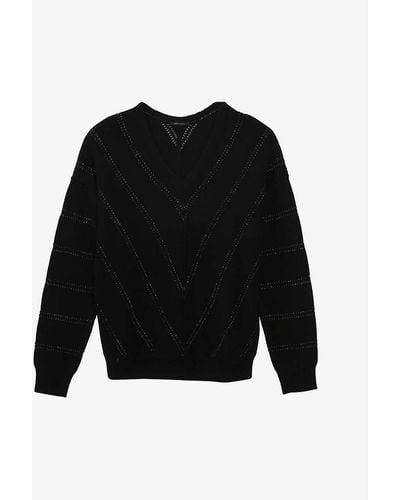 IKKS Wool Striped V-neck Knitted Jumper, Size: - Black