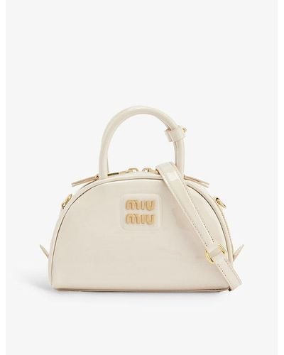 Miu Miu Vernice Branded Leather Top-handle Bag - Natural