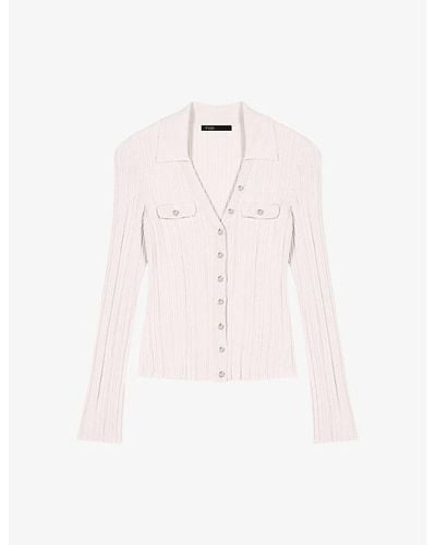 Maje Collared Long-sleeve Ribbed Stretch-knit Cardigan - Pink