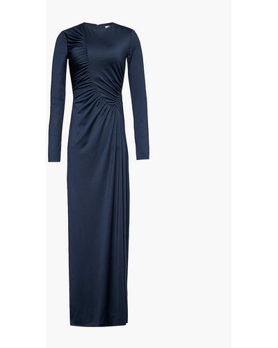 Victoria Beckham Long-sleeved Ruched-front Stretch-jersey Gown - Blue