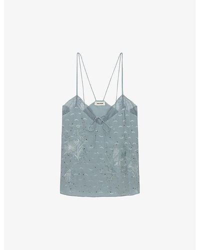 Zadig & Voltaire Capela Lace-embroidered Silk Cami Top - Blue