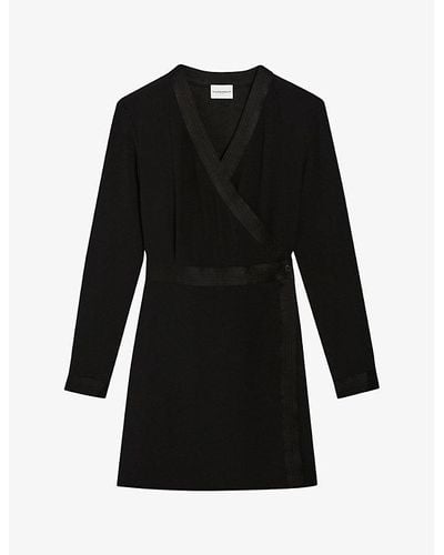 Claudie Pierlot Wrap-silhouette Satin-panel Woven Mini Dress - Black