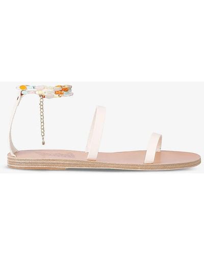 Ancient Greek Sandals Smirni Coral-embellished Flat Leather Sandals - Natural