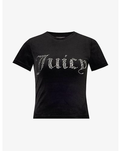 Juicy Couture Rhinestone-embellished Slim-fit Velour T-shirt - Black