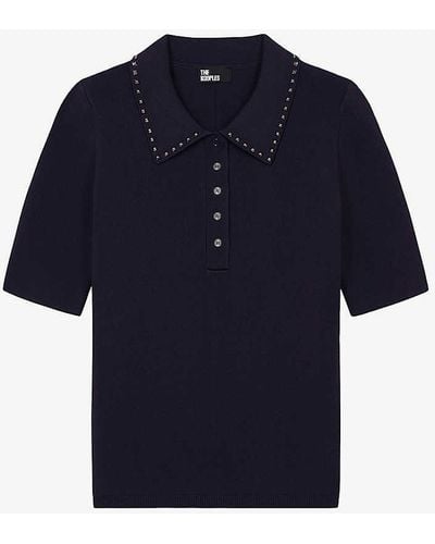 The Kooples Vy Stud-embellished Stretch-knit Polo Top - Blue