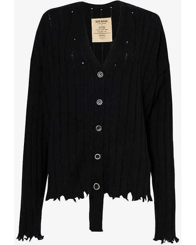 Uma Wang Distressed-trim V-neck Cashmere Knitted Cardigan - Black