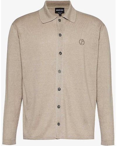 Giorgio Armani Logo-embroidered Knitted Linen-blend Shirt - Natural