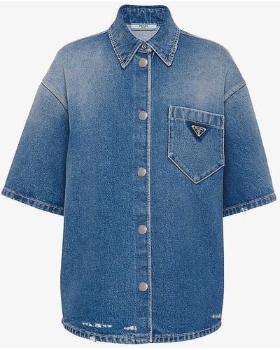 Prada Brand-plaque Relaxed-fit Denim Shirt - Blue