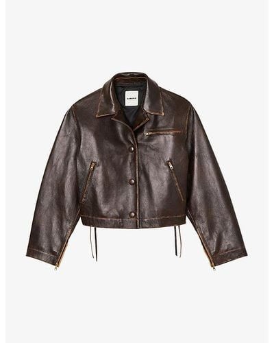 Sandro Jude Faded-effect Lace-up Leather Jacket - Brown