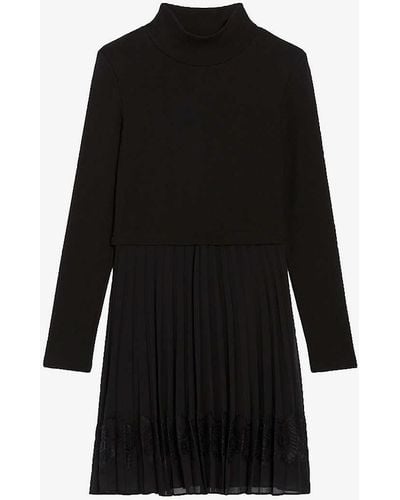 Claudie Pierlot Teli Long-sleeve Pleated-skirt Cotton-blend Mini Dress - Black