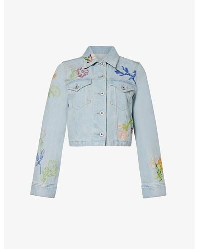 KENZO Floral-embroidered Chest-pocket Denim Jacket - Blue