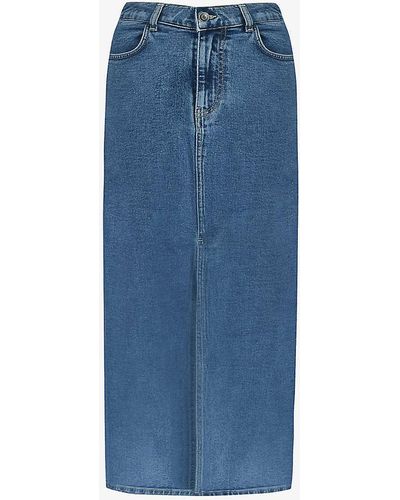 Ro&zo Front-split Tonal-stitching Stretch-denim Midi-skirt - Blue