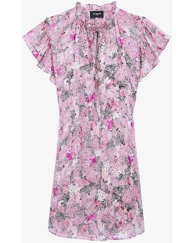 The Kooples Ruffle-trim Floral-print Crepe Mini Dress - Pink