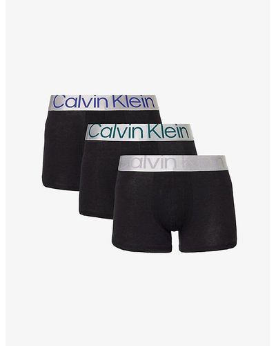 Calvin Klein Branded-waistband Mid-rise Pack Of Three Stretch-cotton Trunks - Black